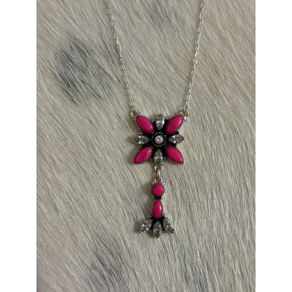 Native American SW Sterling Silver Neon Pink Jasper & CZ Cluster Lariat Necklace - Picture 2 of 11